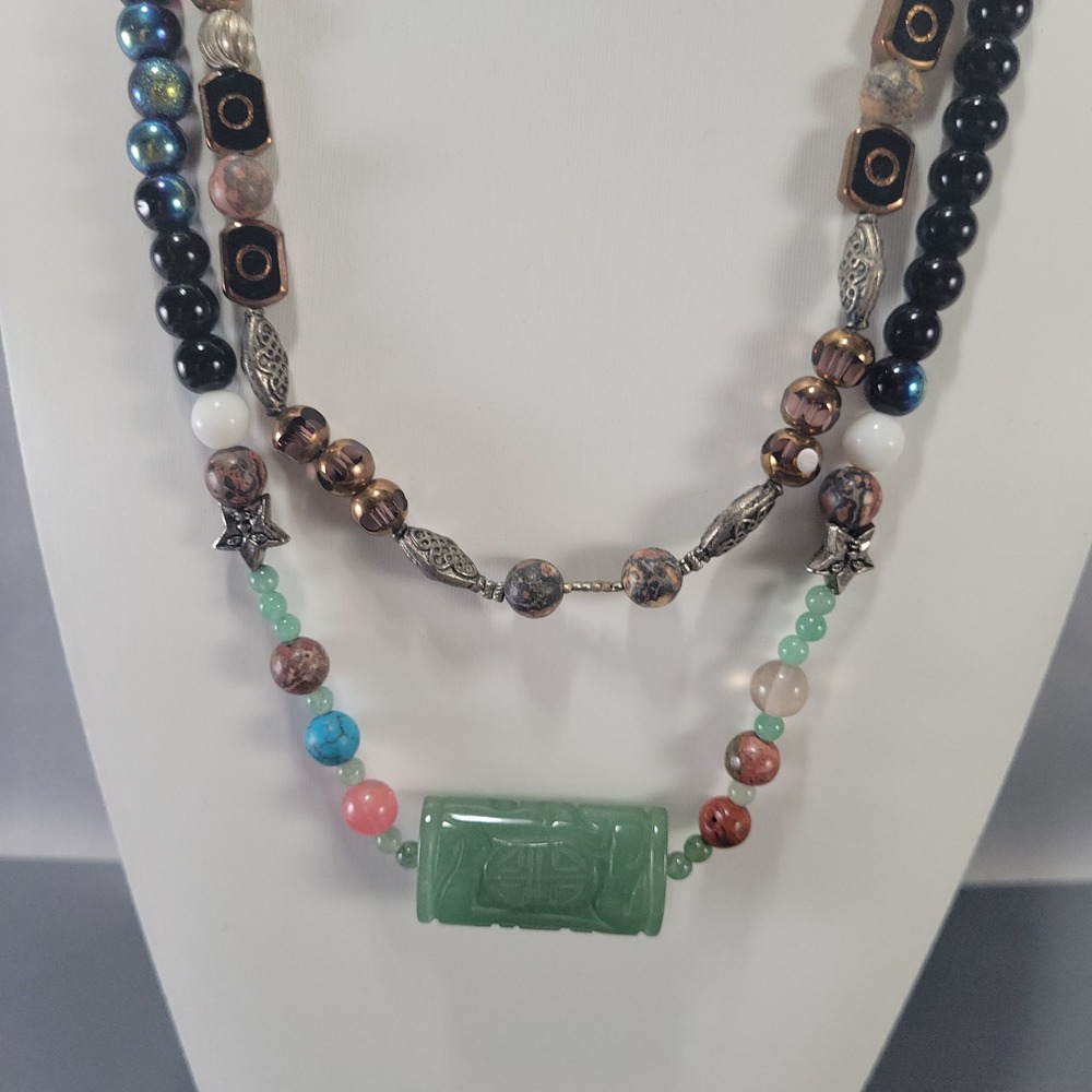 Jadeite Mixed Gemstone Necklace Women Chinese Style Carvings Boho Long Flapper